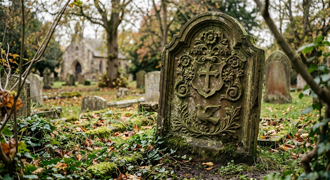 A weathered gravestone surrounded by autumn foliage in a cemetery.