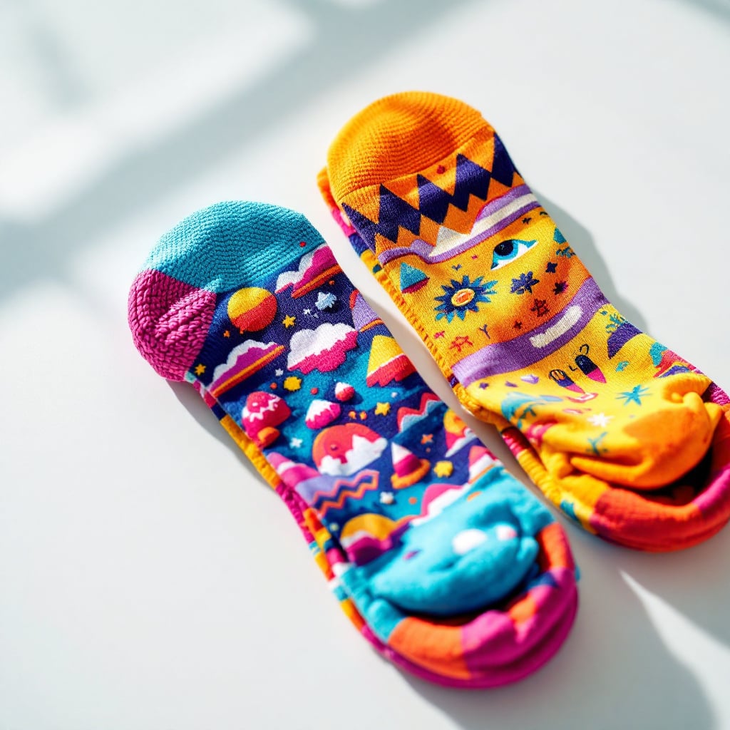A pair of colorful, patterned socks featuring whimsical designs.