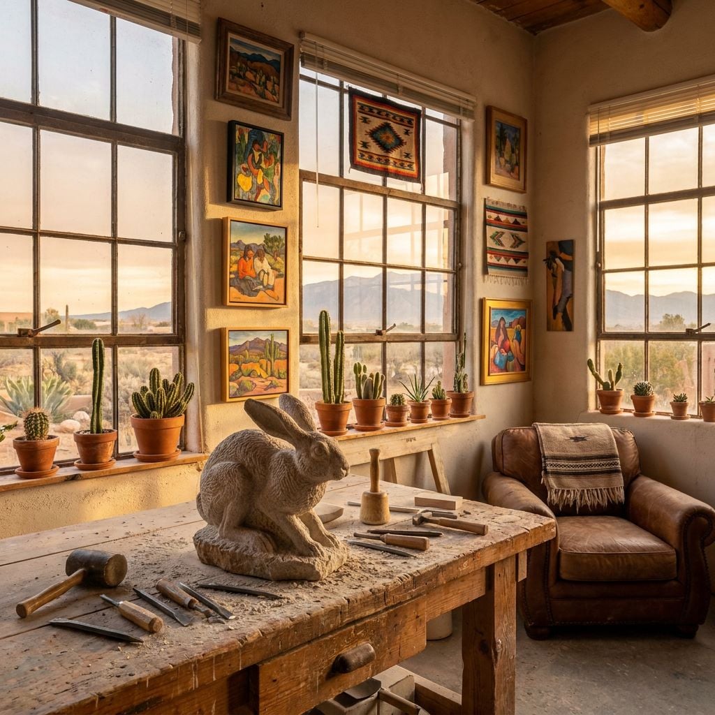 A cozy artist's studio featuring a rabbit sculpture on a wooden table surrounded by plants and artwork.