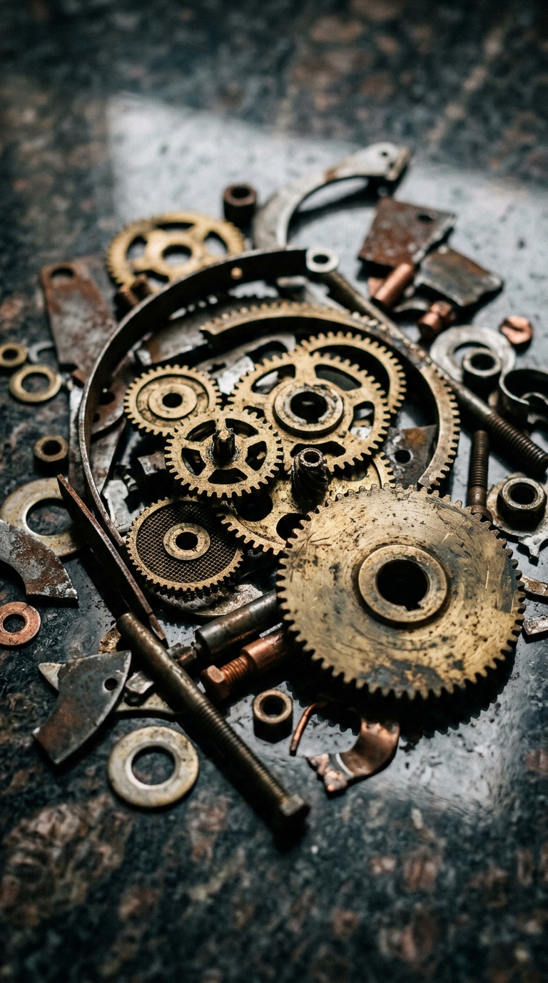 A collection of various metal gears and mechanical parts arranged on a surface.