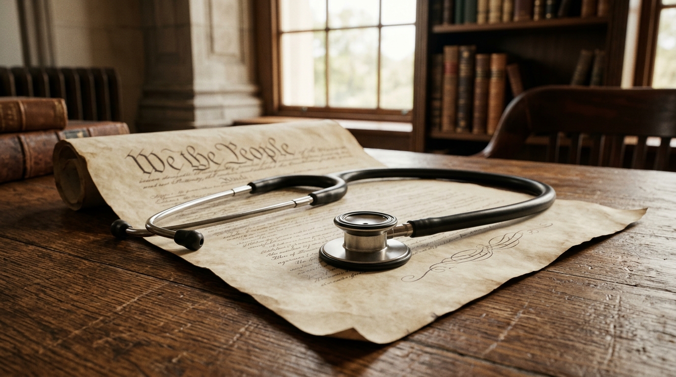 A stethoscope rests on a parchment document with the words 'We the People' visible.