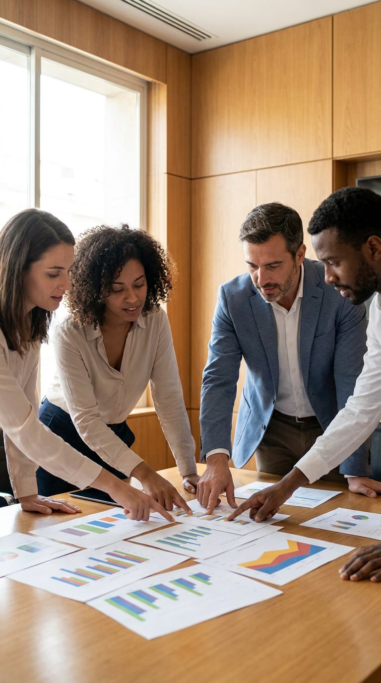 A group of four professionals collaborating over printed charts and graphs in a modern office setting.