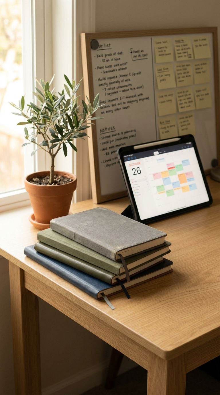 A workspace featuring a stack of notebooks, a potted plant, and a tablet displaying a calendar.