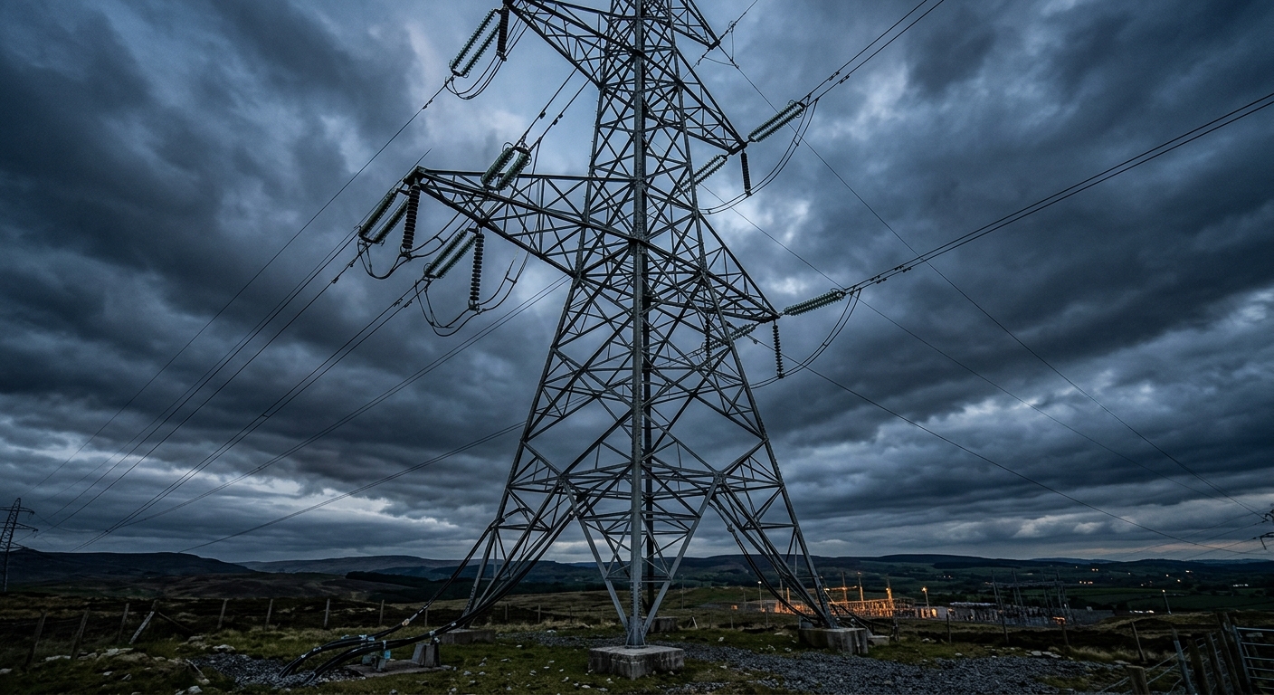 A tall electricity transmission tower stands against a dramatic cloudy sky.