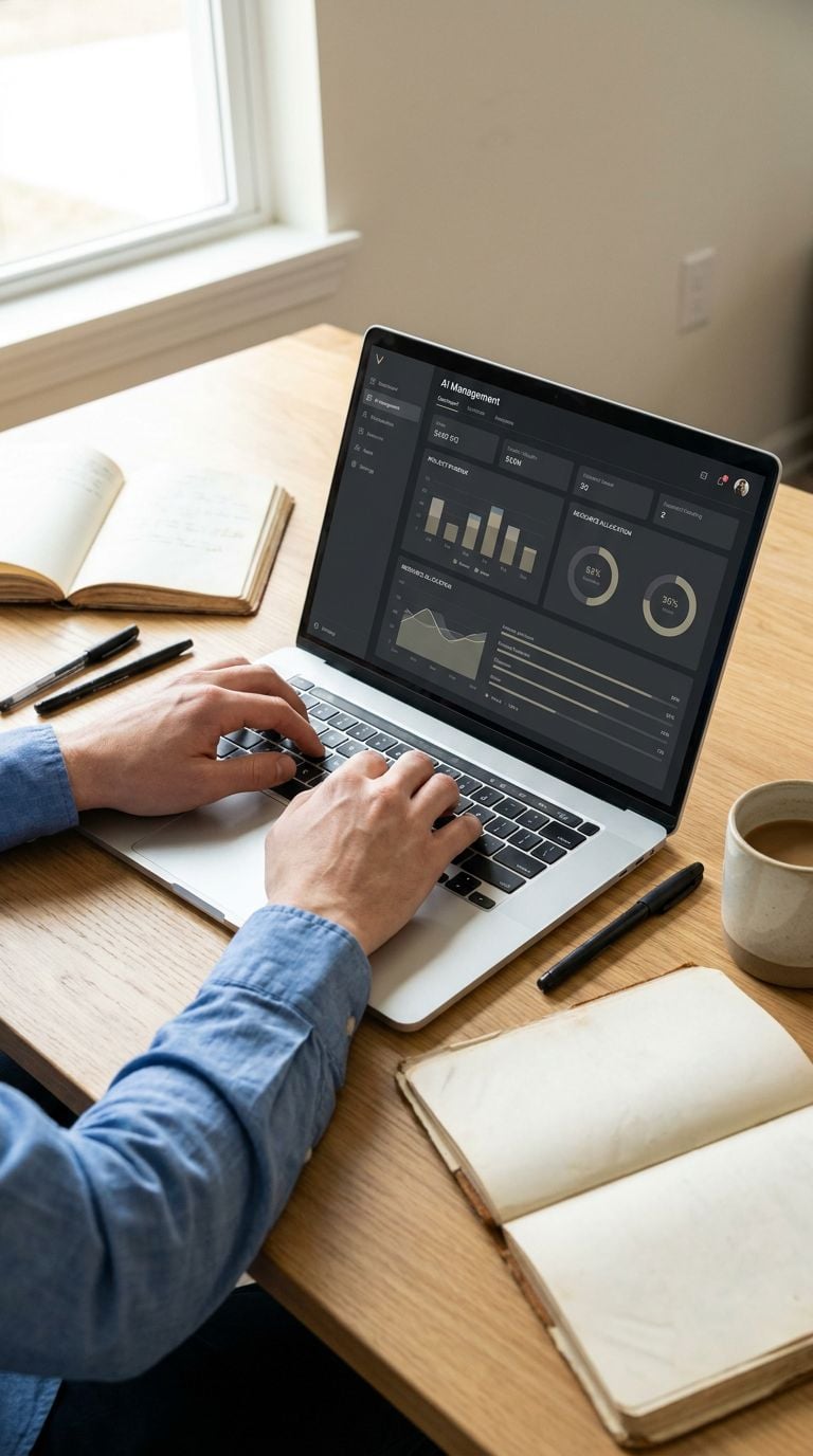 A person is working on a laptop displaying data analytics while sitting at a wooden desk with notebooks and a coffee cup.