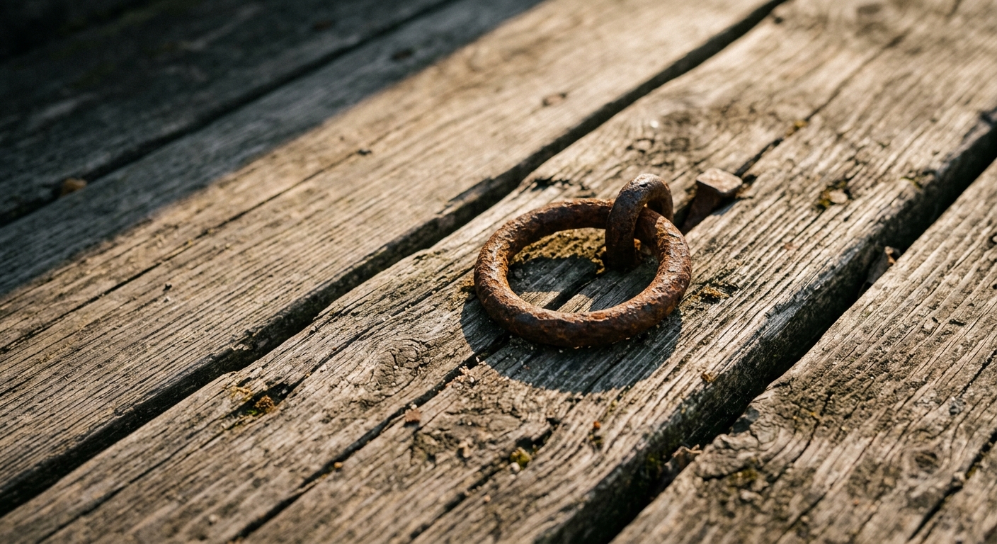 A rusty metal ring embedded in weathered wooden planks.