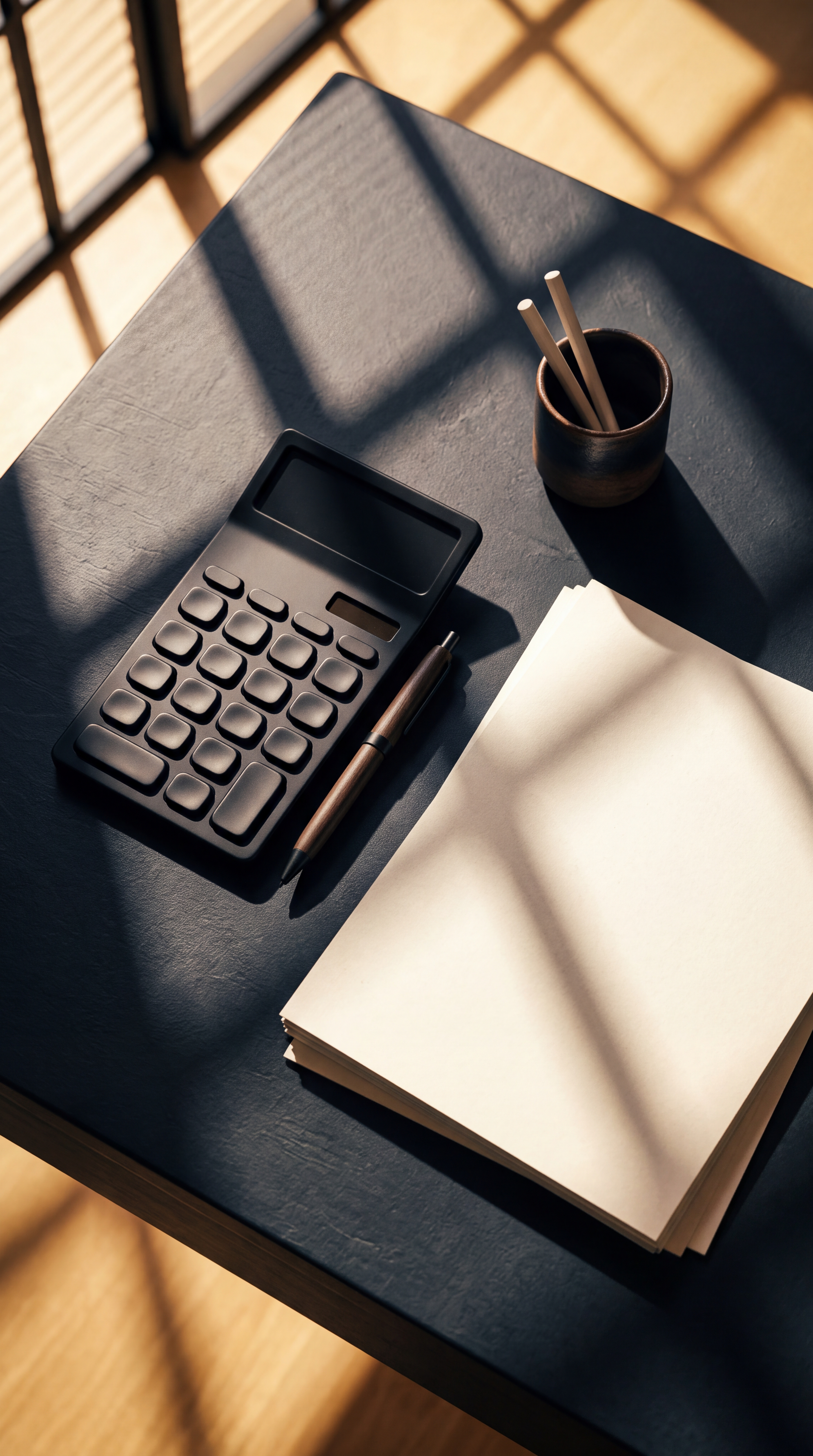 A calculator, a pen, and blank sheets of paper are arranged on a dark table with natural light casting shadows.