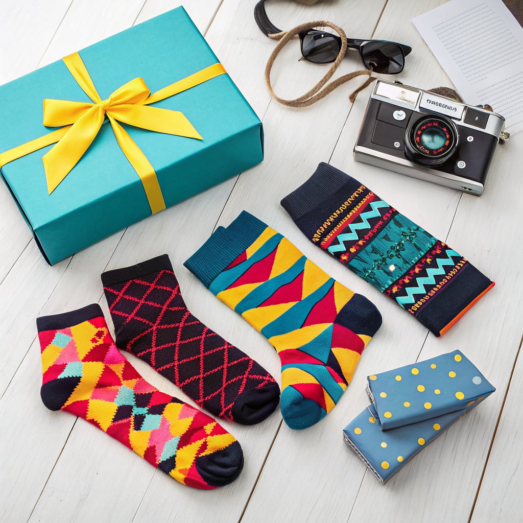 A collection of colorful socks arranged next to a gift box and a vintage camera.