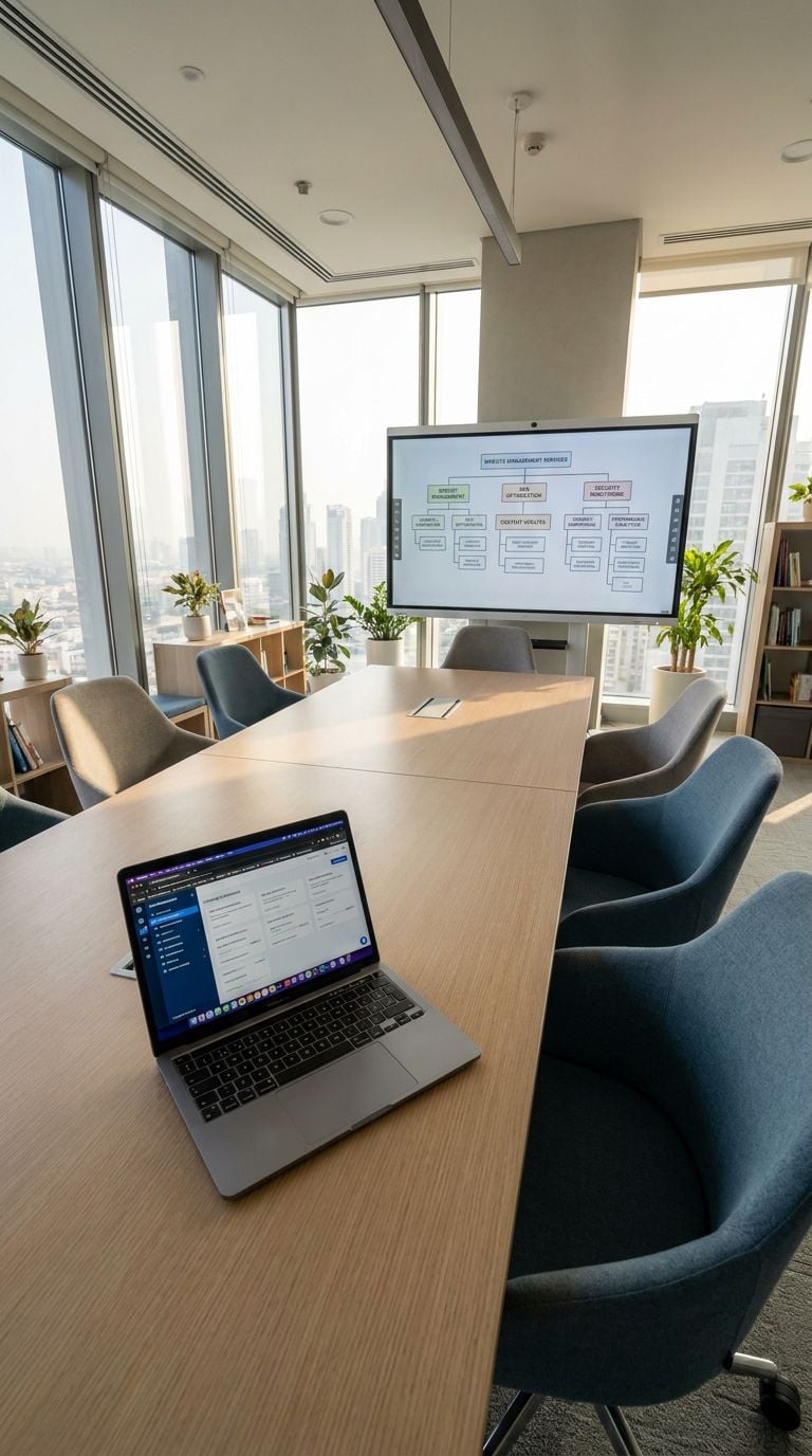 A modern office meeting room with a laptop and a presentation screen.