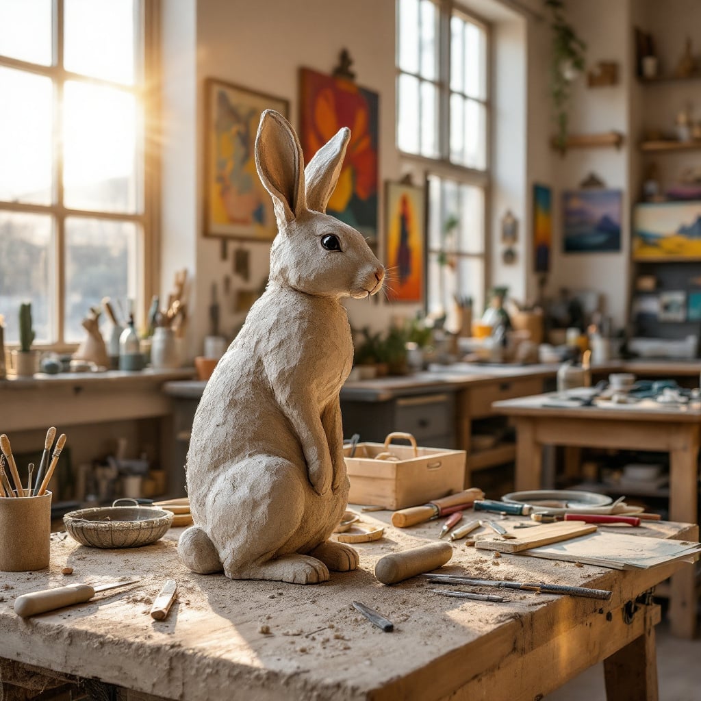A clay sculpture of a rabbit sits on a workbench surrounded by art supplies in a studio.
