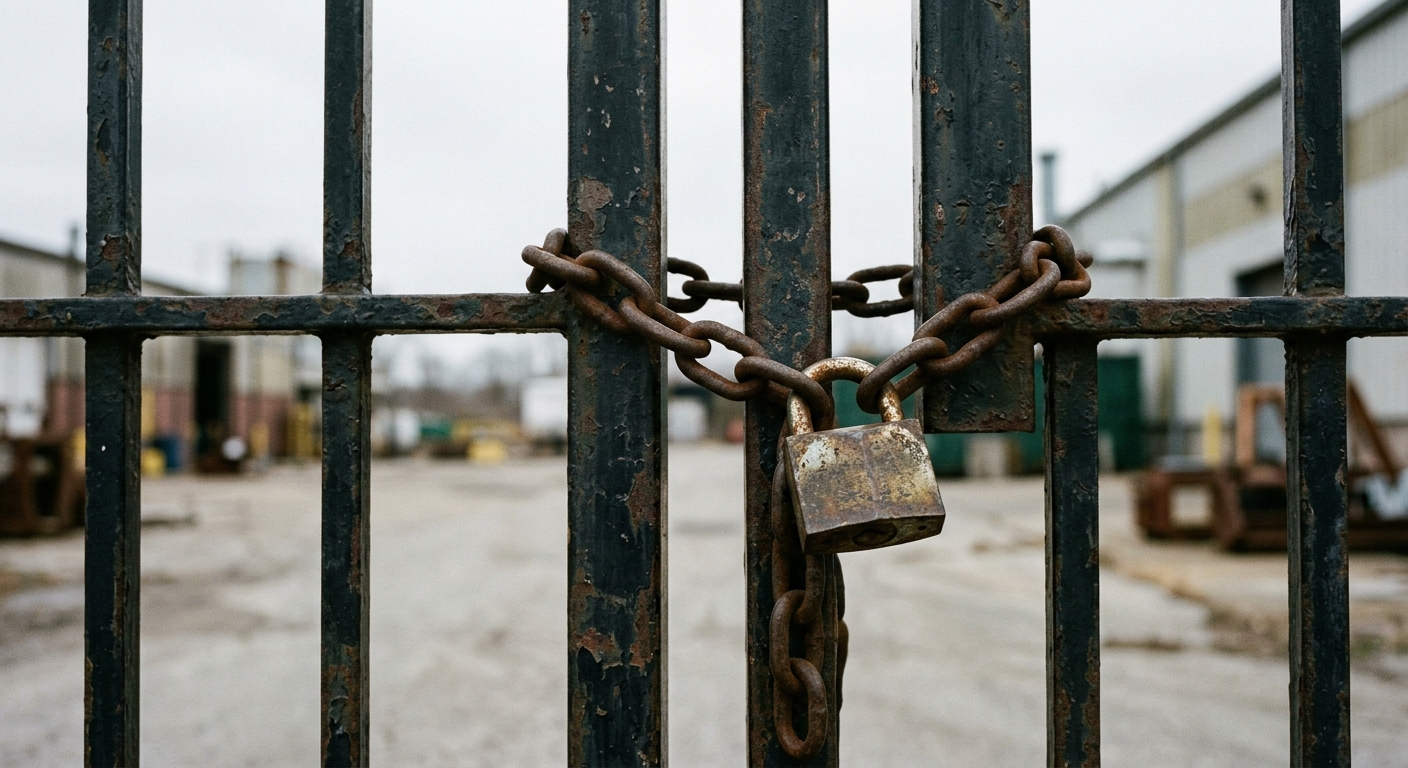 A close-up view of a locked gate secured with a chain and padlock.