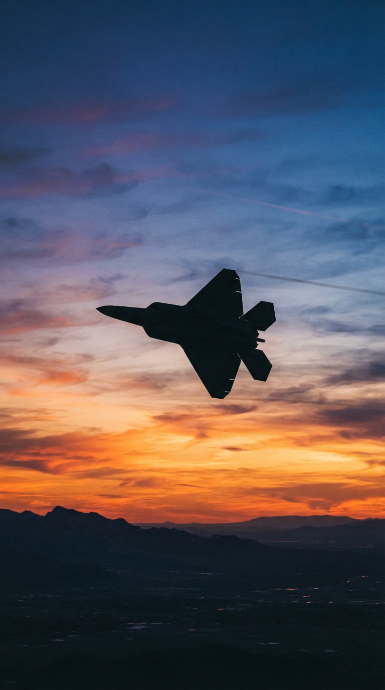 A silhouette of a fighter jet flying against a colorful sunset sky.
