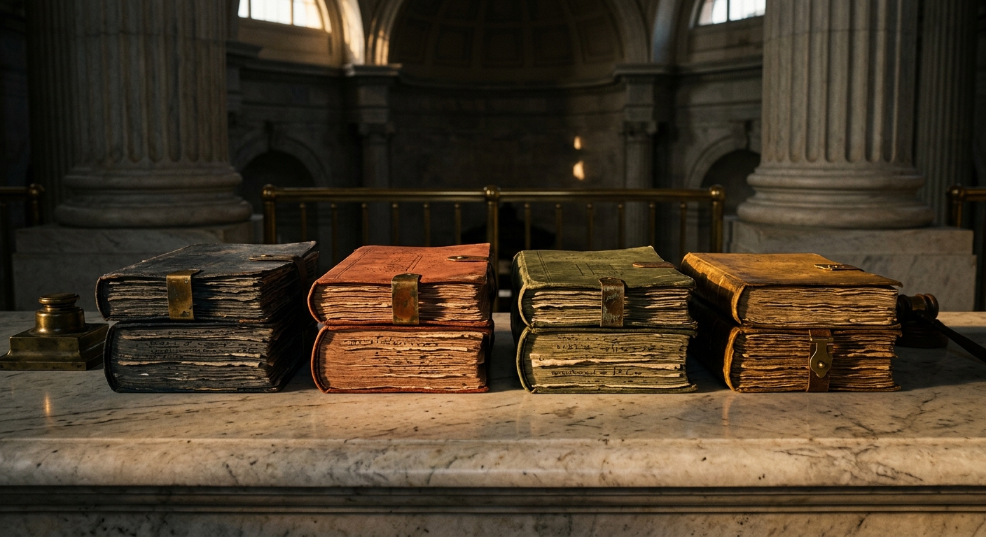A collection of vintage books with worn covers displayed on a marble surface.