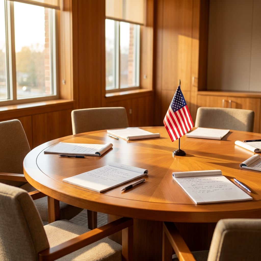 A wooden conference table with notebooks and pens, featuring a small American flag.