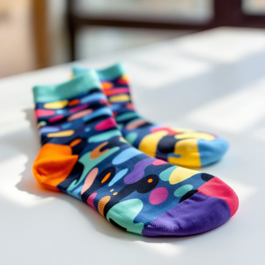 A pair of colorful patterned socks is displayed on a table.