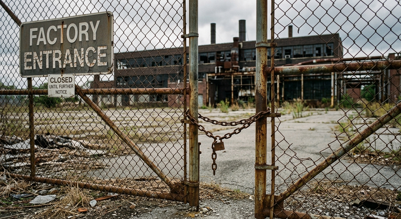 An abandoned factory with a closed entrance gate and overgrown surroundings.