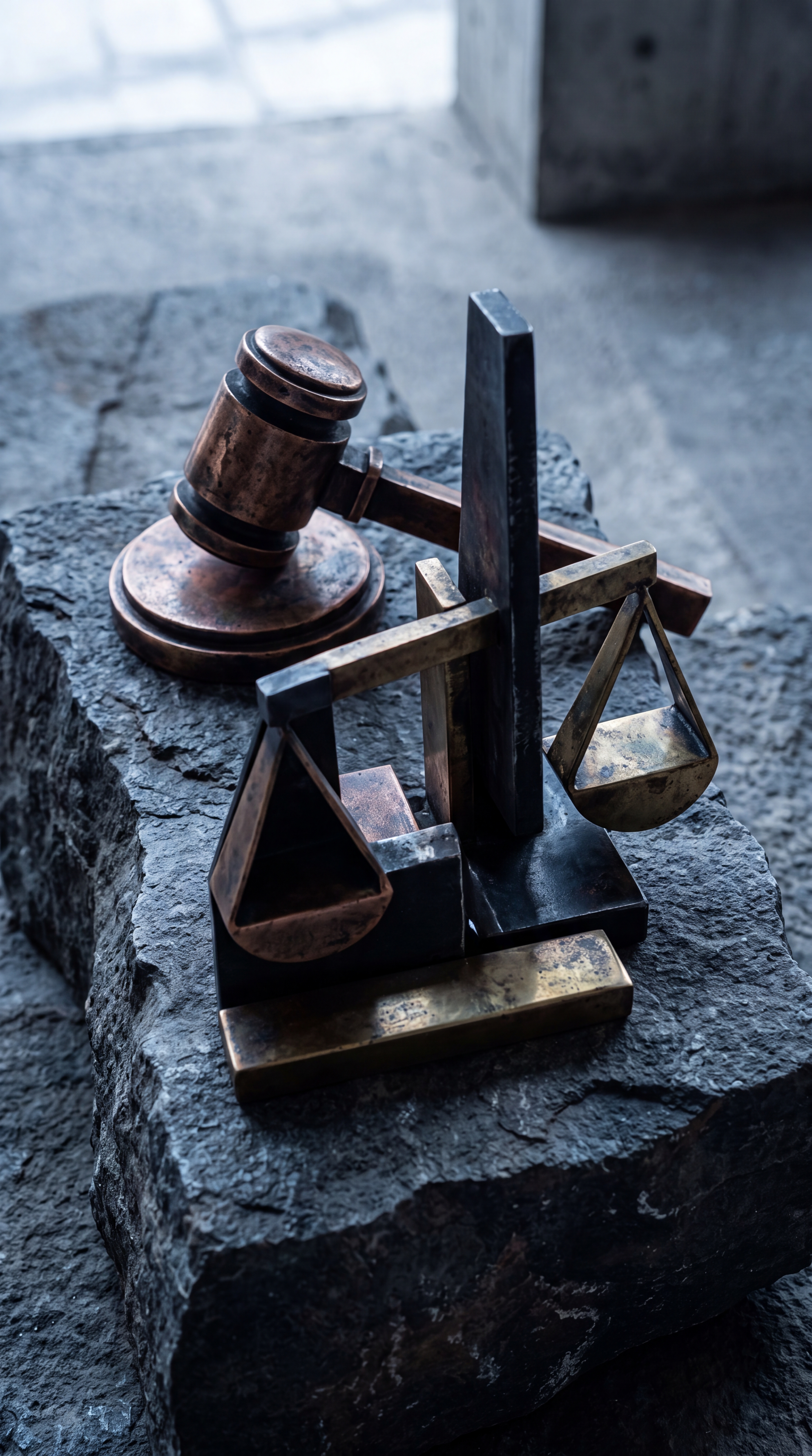 A gavel and scales of justice displayed on a stone surface.