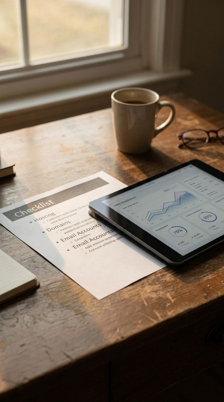 A wooden desk with a checklist, a tablet displaying graphs, a cup of coffee, and glasses.