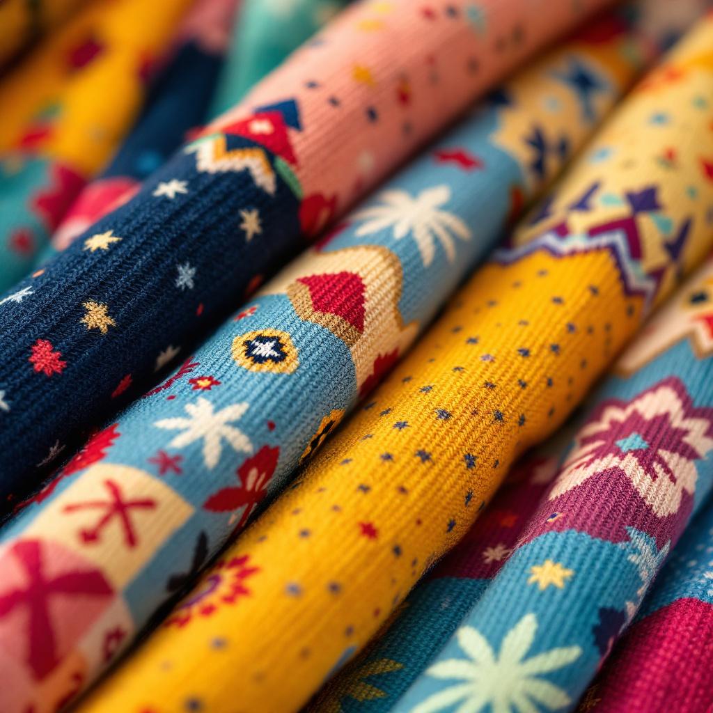 a close-up view of colorful patterned fabric rolls