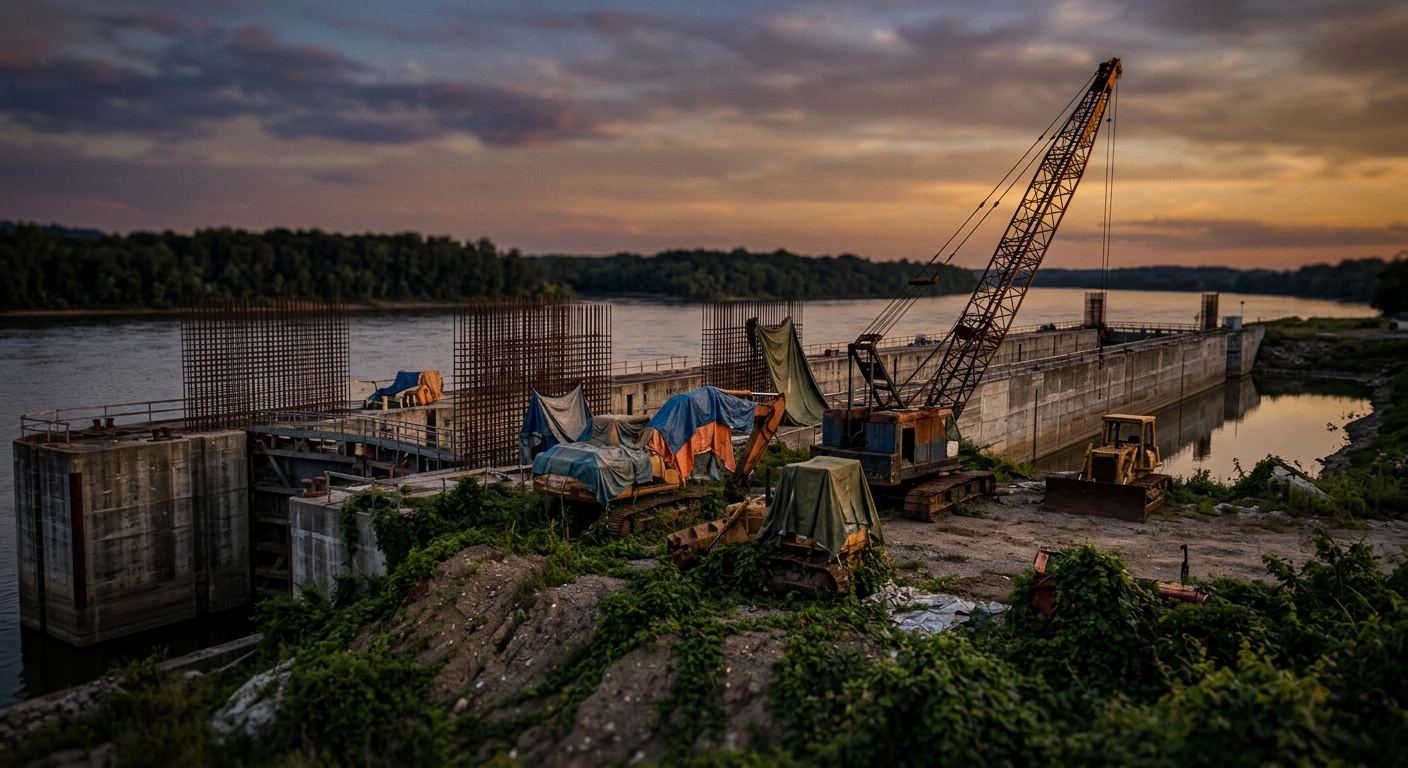 A construction site near a river with heavy machinery and materials.