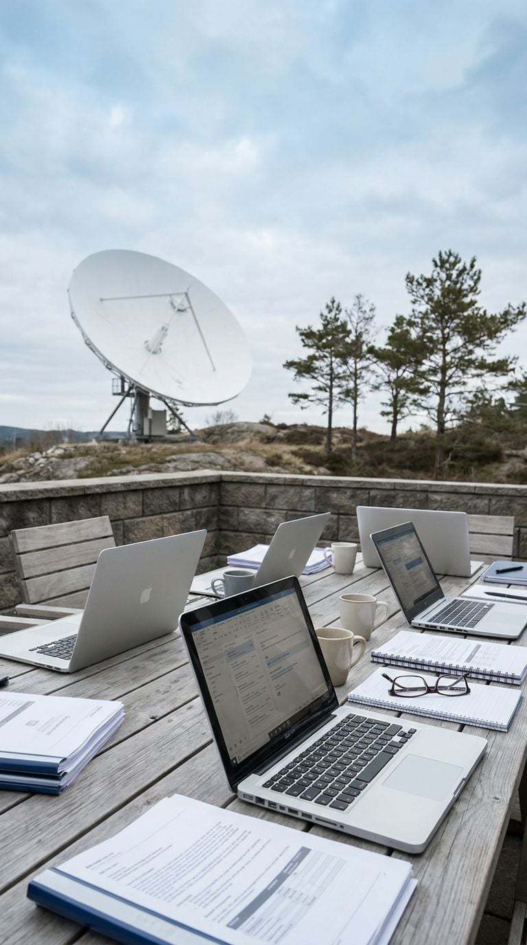 A workspace outdoors with multiple laptops and documents on a wooden table near a satellite dish.