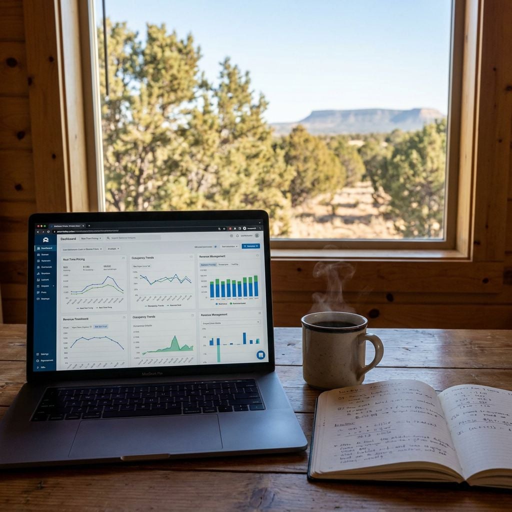 A laptop displaying data analytics sits on a wooden table next to a steaming cup of coffee and an open notebook, with a scenic view of mountains and trees in the background.