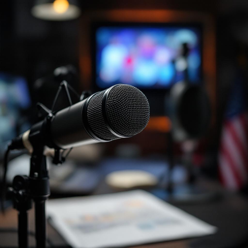A close-up of a microphone on a stand with a blurred background featuring a screen and an American flag.