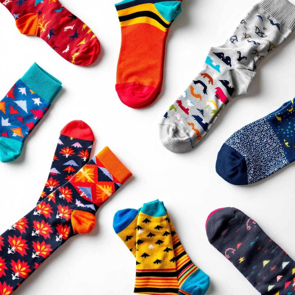 A collection of colorful patterned socks arranged on a white background.