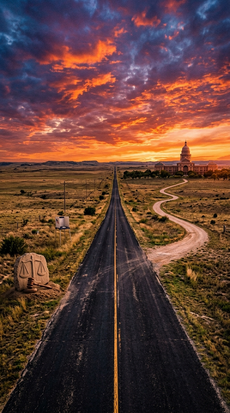 A long road stretches towards a building under a colorful sunset sky.