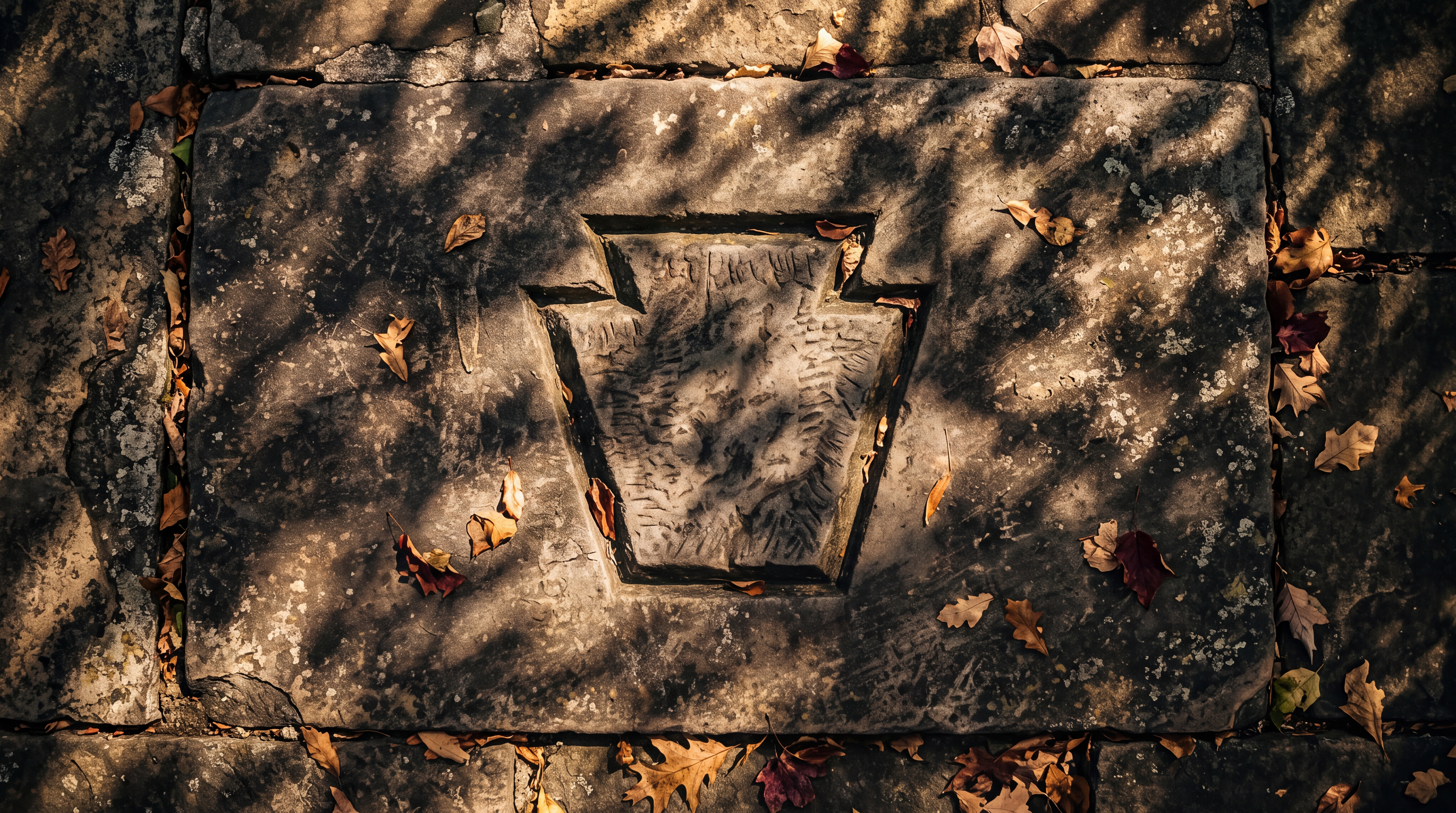 A stone slab with a carved outline of the state of Pennsylvania surrounded by fallen leaves.