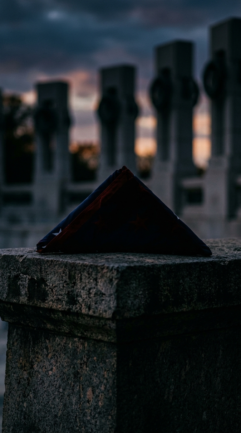 A folded flag resting on a stone surface with a blurred background of memorial structures.