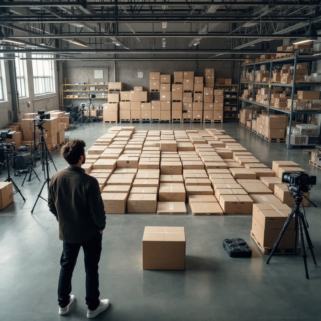 A person stands in a warehouse filled with stacked cardboard boxes and cameras.