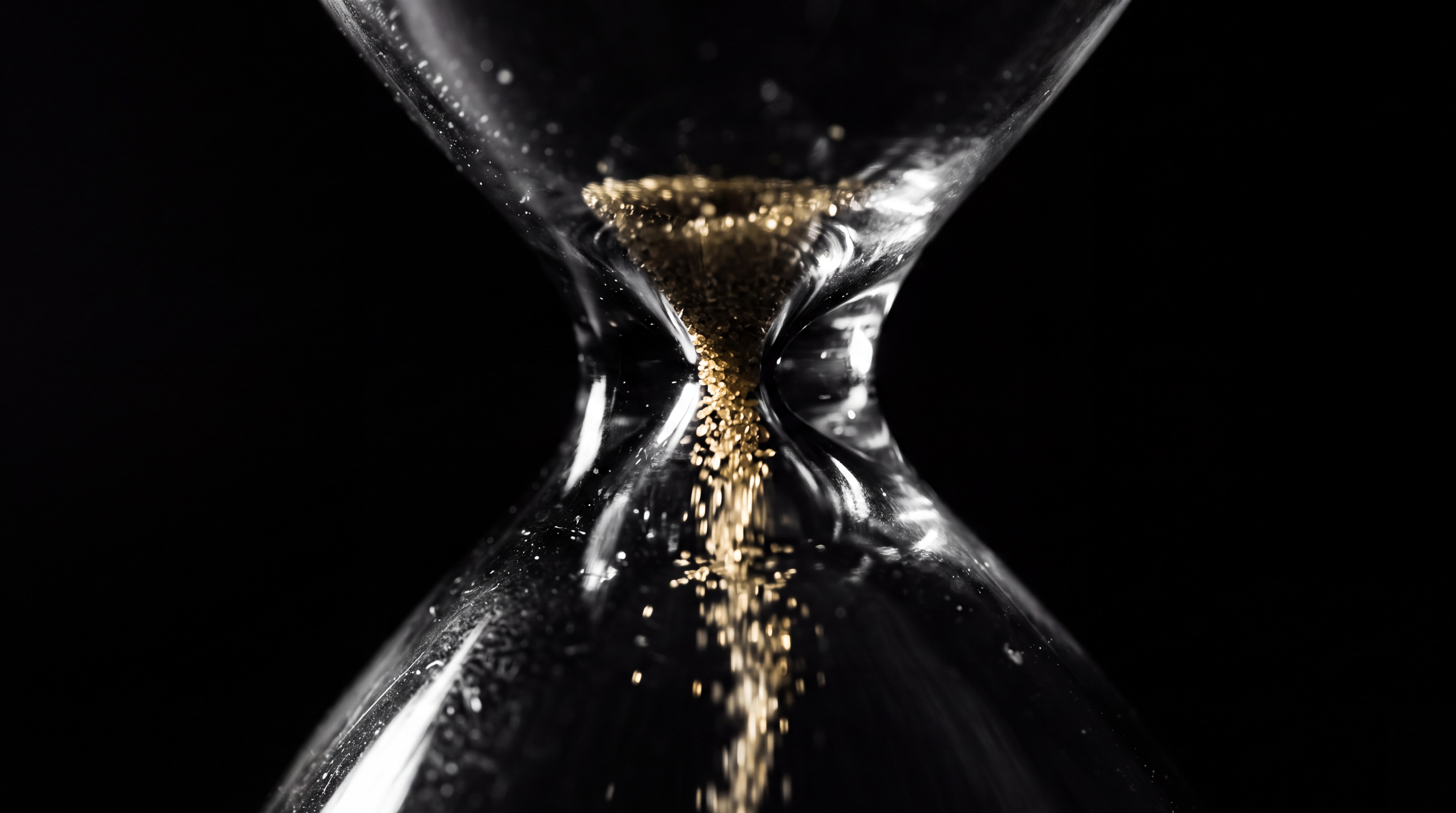 An hourglass with golden sand flowing through it against a black background.