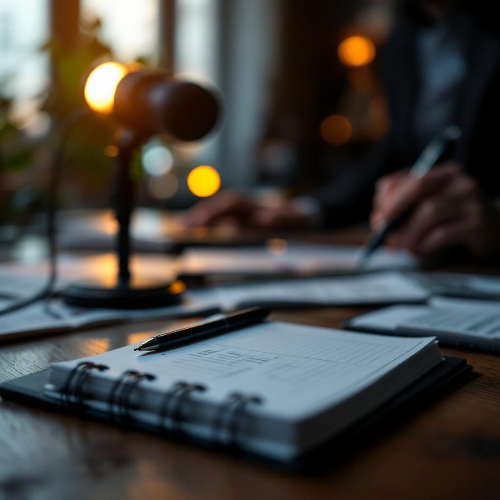 A close-up of a notebook and pen on a wooden table with a gavel and blurred background.