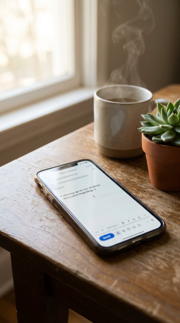 A smartphone is placed on a wooden table next to a steaming cup and a small potted plant.
