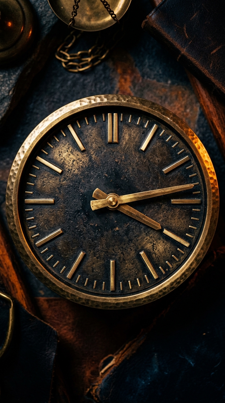 A vintage brass clock with a textured surface and simple hour markers.