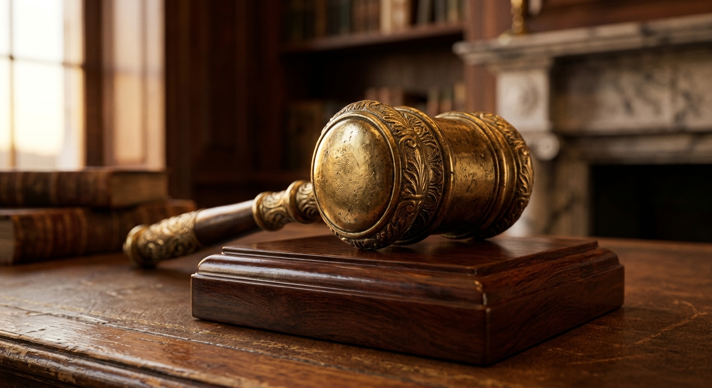 A golden gavel resting on a wooden base in a library setting.