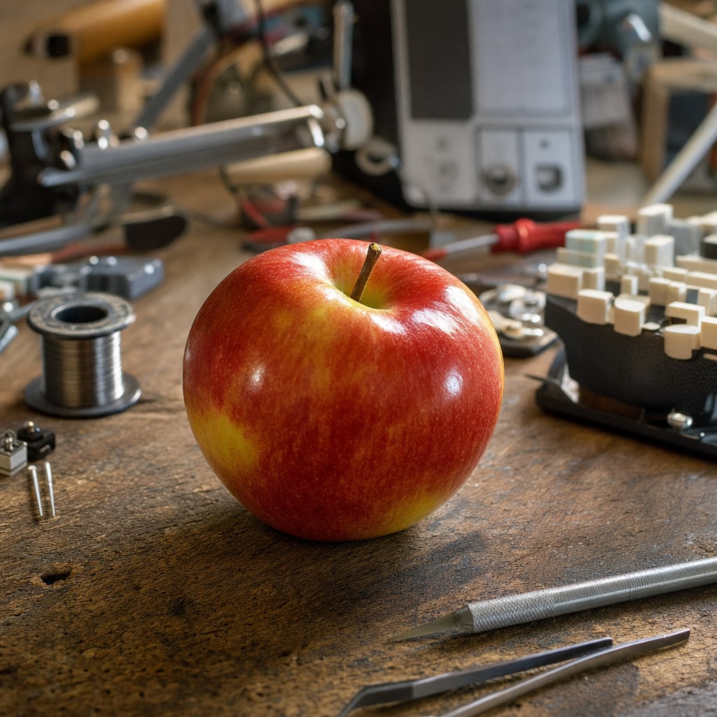 A red apple sits on a wooden workbench surrounded by various tools and equipment.