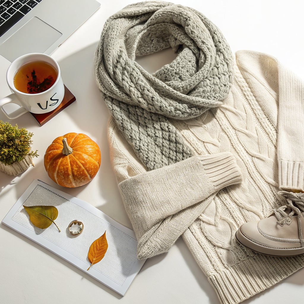A cozy autumn flat lay featuring a cream sweater, a knitted scarf, a pumpkin, a cup of tea, and decorative leaves.