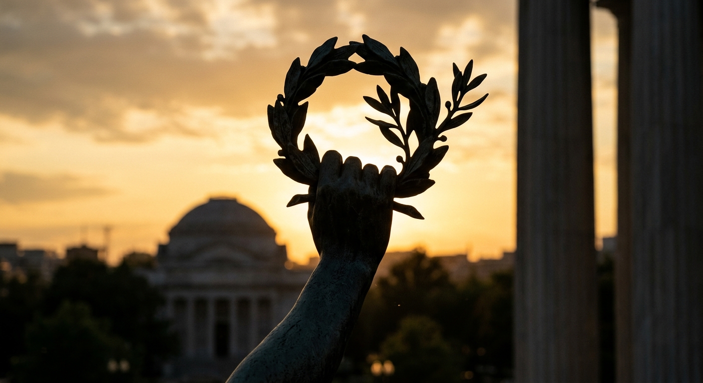A hand holding a laurel wreath against a sunset backdrop.