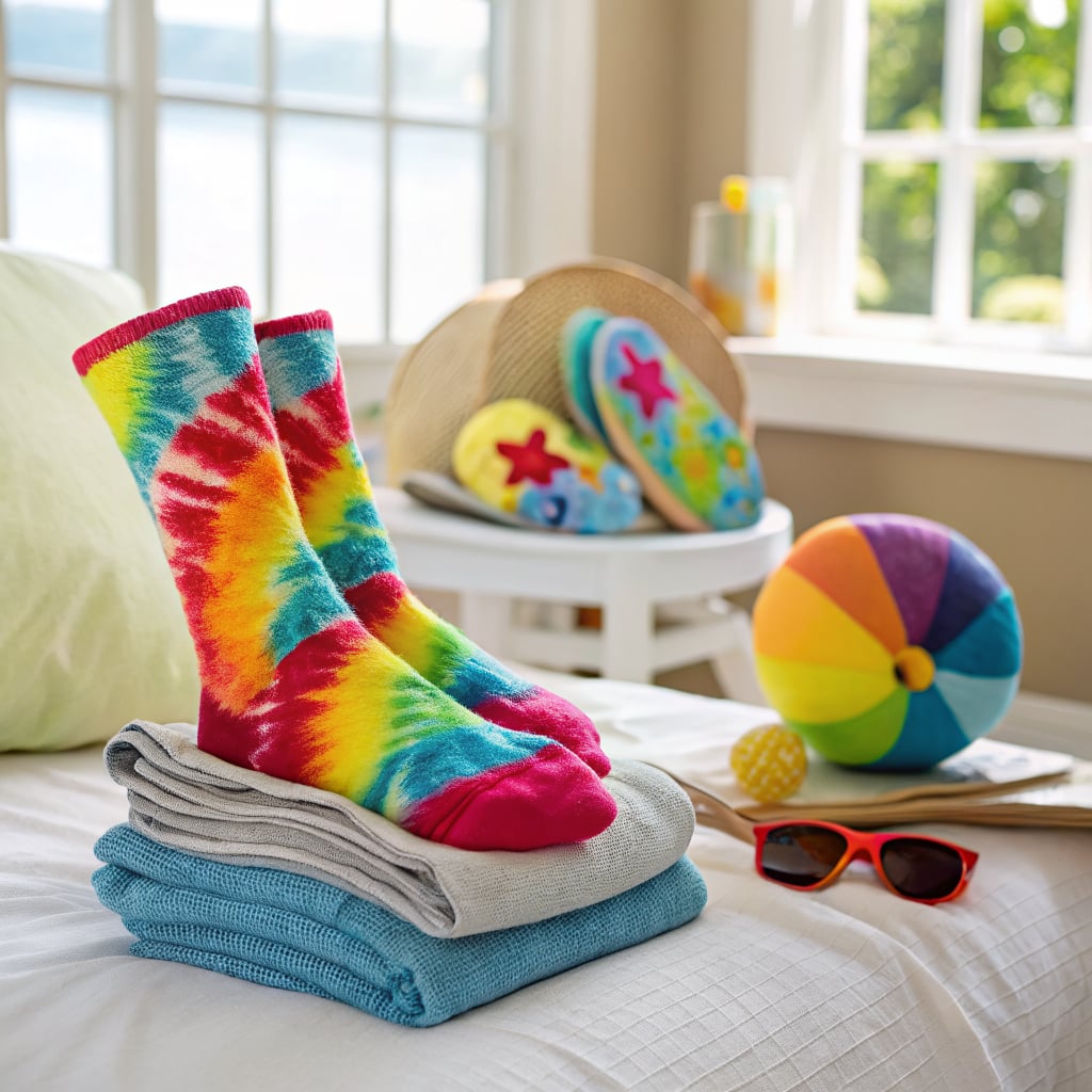 A pair of colorful tie-dye socks is placed on a stack of folded towels in a bright room.