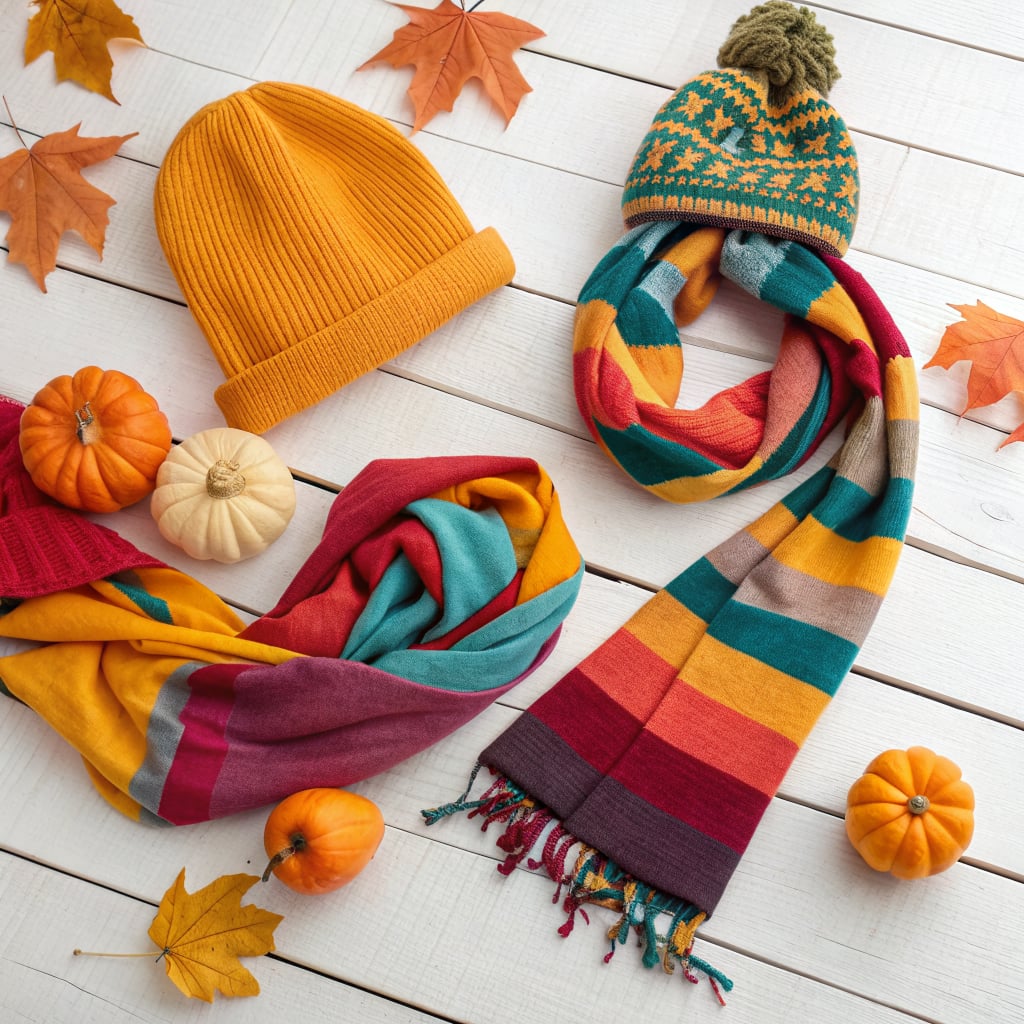 A flat lay arrangement of colorful scarves, hats, and small pumpkins on a wooden surface with autumn leaves.