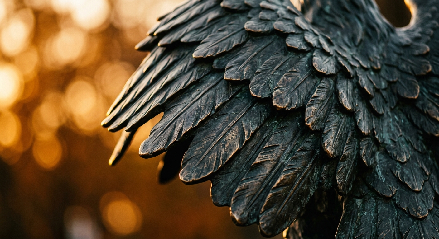 A close-up view of a bronze eagle sculpture's wings.