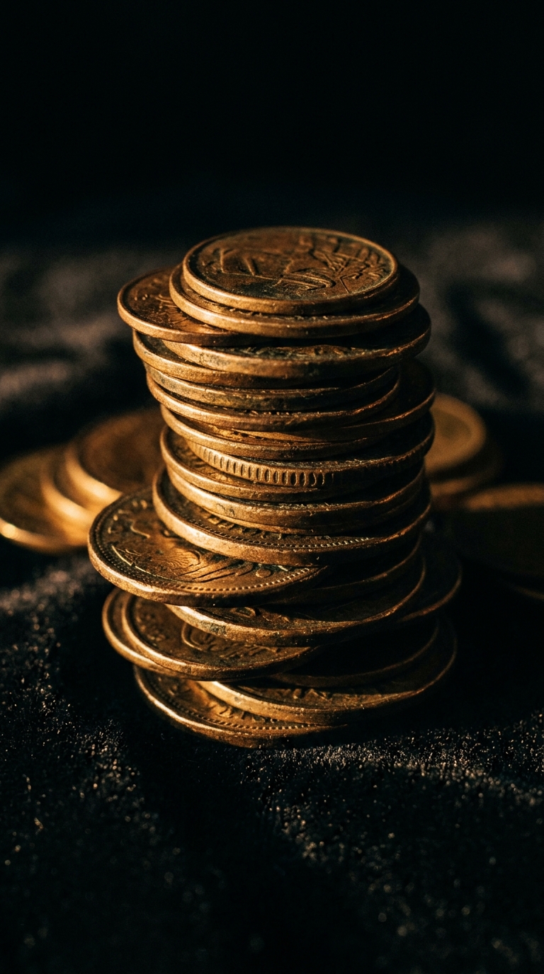 A stack of gold coins is arranged on a dark surface.