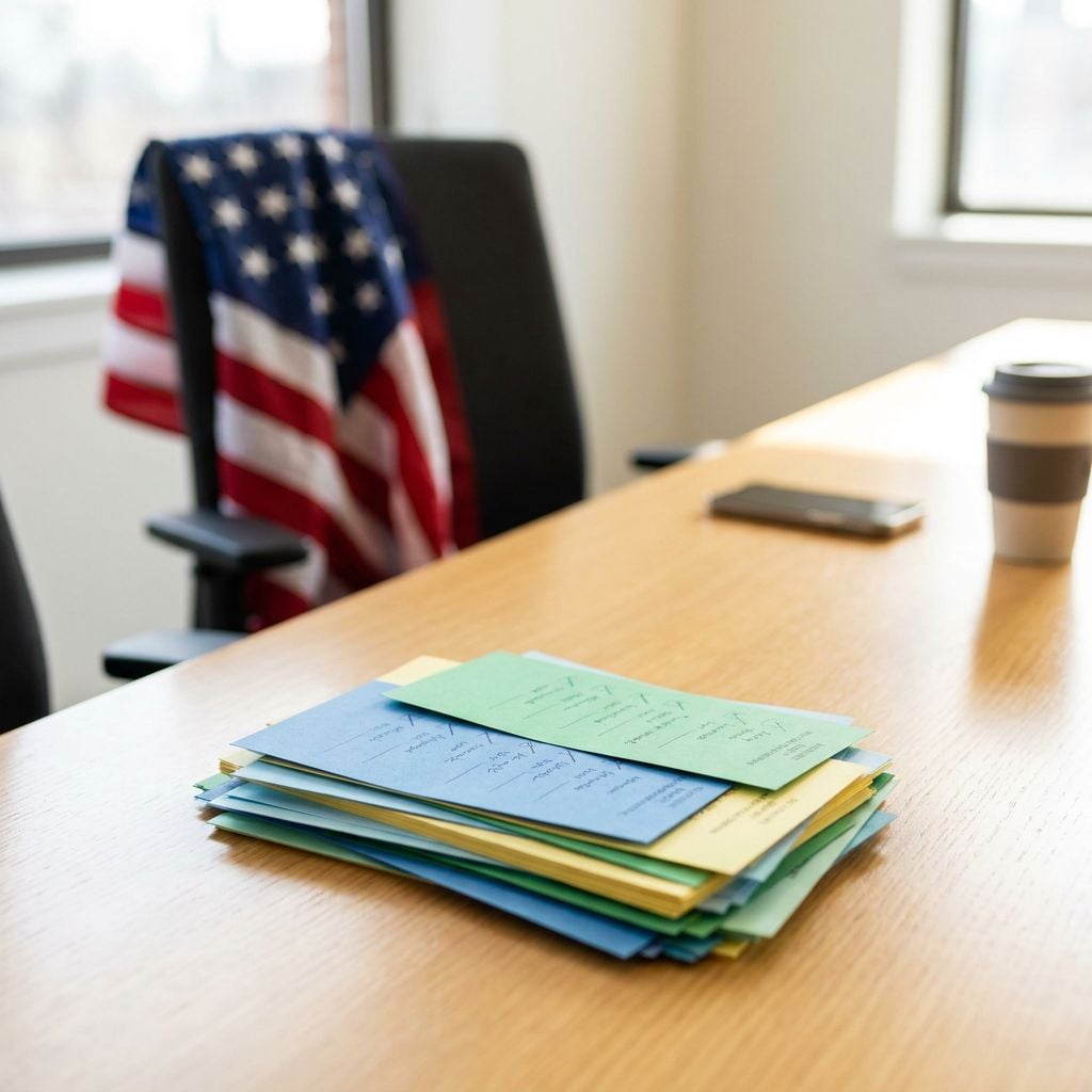 A stack of colored papers is placed on a wooden table with an American flag draped over a chair in the background.