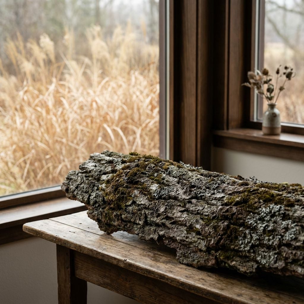 A rustic wooden log covered in moss rests on a table near a window with a view of tall grasses.