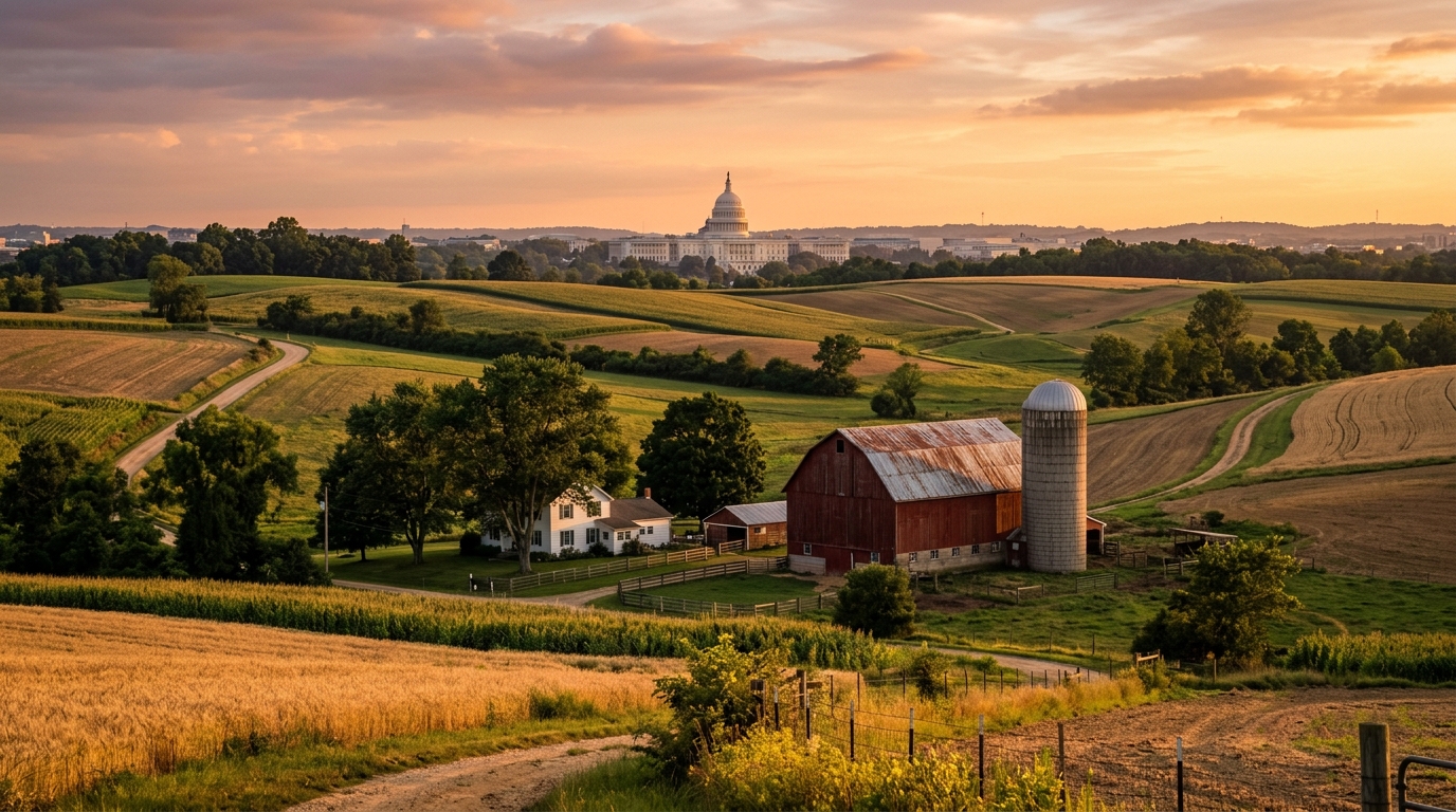 A scenic view of a rural landscape featuring a barn, silo, and fields with the Capitol building in the background.