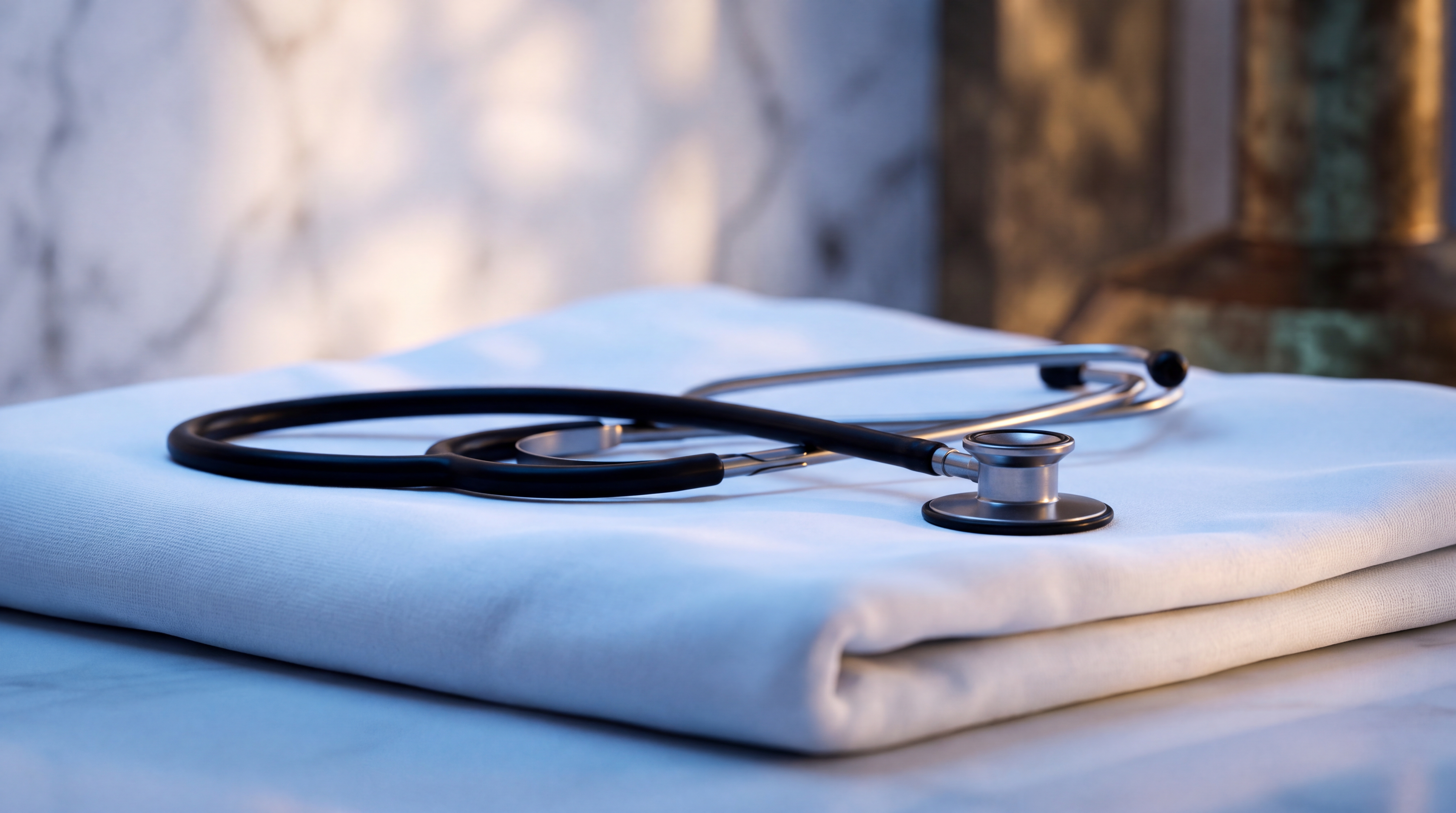 A stethoscope resting on a folded white cloth.