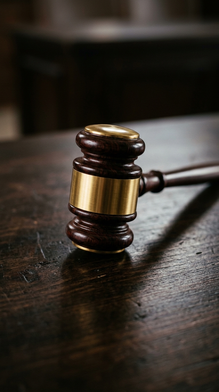 A wooden gavel resting on a dark wooden surface.