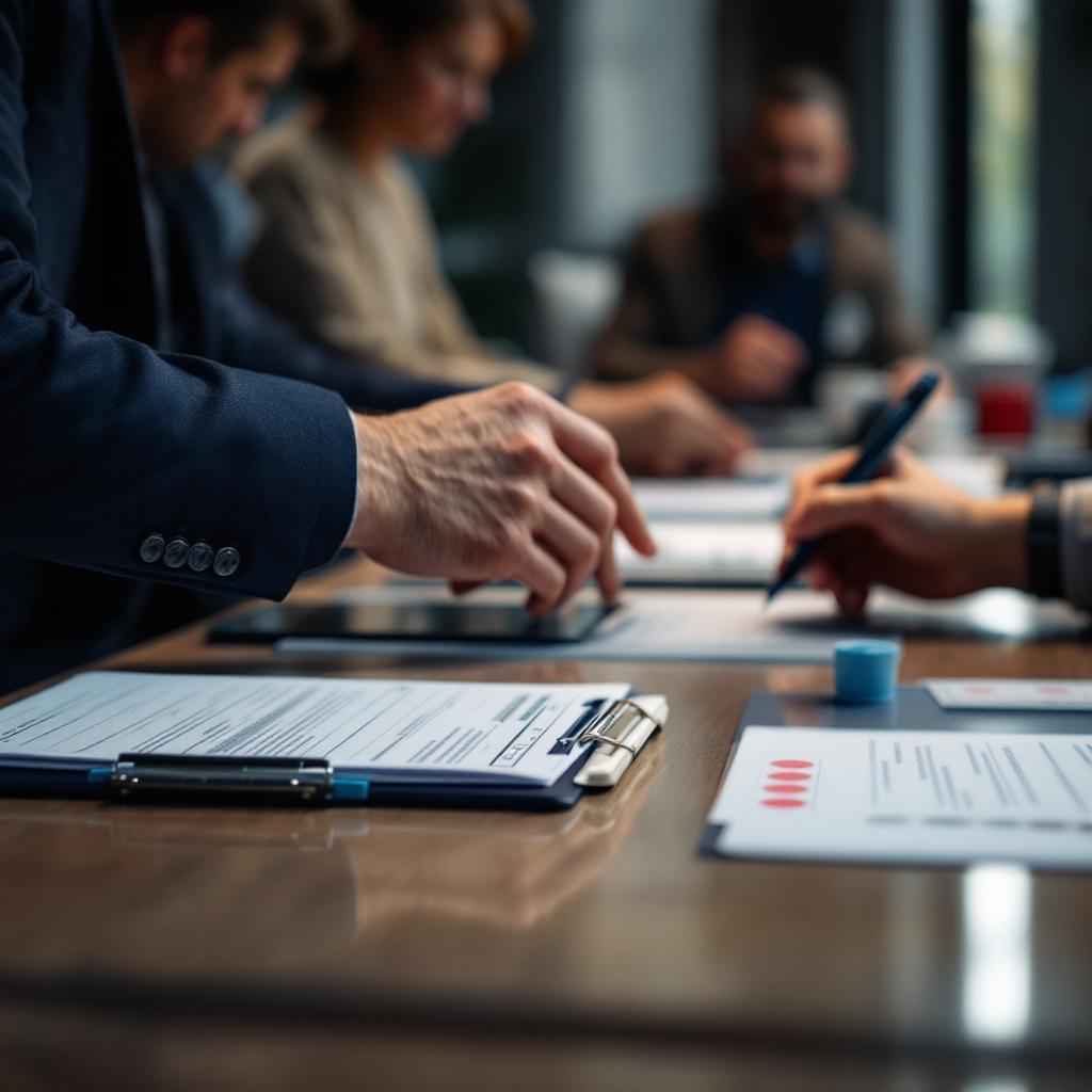 A close-up view of hands engaged in a business meeting with documents and tablets on a table.